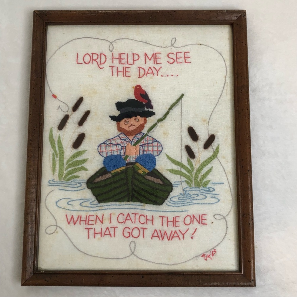Vintage Fishing Crewel Art "Lord Help Me" Framed Needlepoint